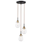 Nuvo Lighting - Toleo- 3 Light Pendant - with Clear Glass-Black Finish with Vintage Brass Accent - The Toleo 60-6853 three light pendant offers an industrial design with industrial touches. Brass accents on the socket collars and knobs are a wonderful contrast to the black finish. A large, circular canopy supports the brown braidedecords that are adjustable to suit your height needs. Pairing this fixture with Edison-style bulbs continues its theme of industrial style.