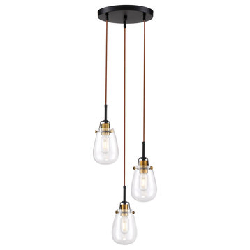 Toleo- 3 Light Pendant - with Clear Glass-Black Finish with Vintage Brass Accent