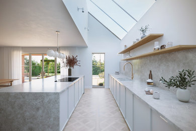 Medium sized l-shaped open plan kitchen in Oxfordshire with an island.