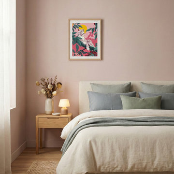 Serene Blush Pastel Bedroom with Linen Bedding and Light Oak Accents