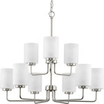 Progress Lighting - Merry 9-Light Brushed Nickel Etched Glass Transitional Chandelier Light - Bring a modern vibe to any room with the Merry Collection 9-Light Brushed Nickel Etched Glass Transitional Chandelier Light.