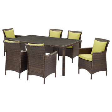 Side Dining Chair and Table Set, Rattan, Wicker, Brown Green, Modern, Outdoor