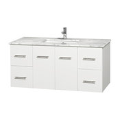 Centra 48" Vanity, Square Sink, Matte White, White Carrera Marble