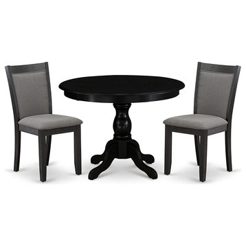 3 Pieces Dining Set, Chairs With Linen Cushioned Seat & Back, Wirebrushed Black