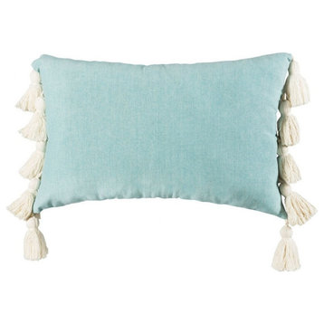 Coastal Rectangular Pale Blue Pillow Cover Cream Tassels 26 inches W x 16