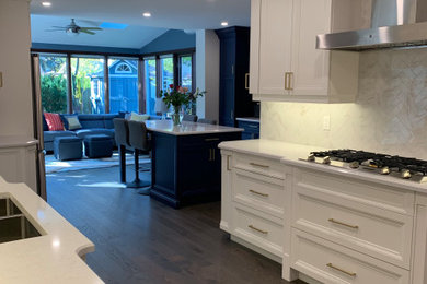 Transitional medium tone wood floor and brown floor kitchen photo in Toronto with an undermount sink, flat-panel cabinets, white cabinets, quartz countertops, porcelain backsplash, stainless steel appliances and white countertops