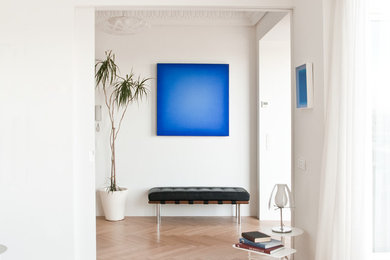 Mid-sized transitional light wood floor hallway photo in Valencia with white walls