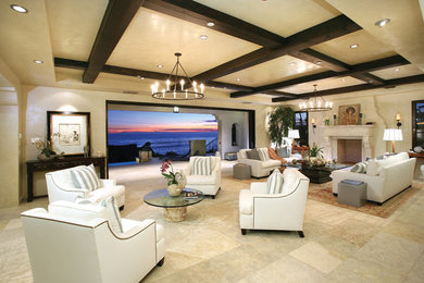 Inspiration for a large mediterranean open concept beige floor family room remodel in Orange County with beige walls, a standard fireplace, a concrete fireplace and no tv
