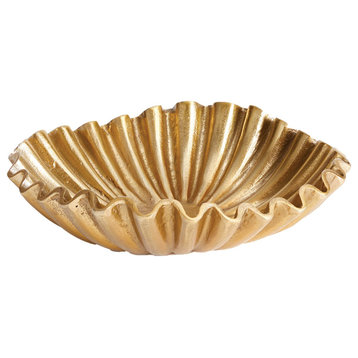Modern Gold Metal Ruffled Ridged Decorative Bowl Organic Shape Round Centerpiece