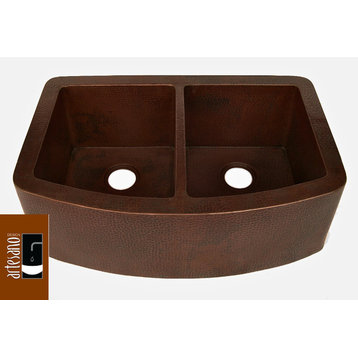 Curved Apron Front Kitchen Copper Sink Undermount Double Basin, With 2 Matching