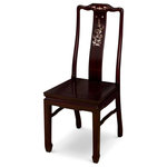 China Furniture and Arts - Rosewood Mother of Pearl Inlaid Chair - Made of solid rosewood, our side chair is exquisitely hand-carved and hand-inlaid with mother-of-pearl flower-and-bird motif on the front and back. Constructed with joinery technique by artisans in China. Chair legs are designed with horizontal support bars, not only allow for structural support but also long lasting durability. To use as a dining chair or place a pair in a special spot in your living room. Hand applied dark cherry finish. Silk cushion sold separately.