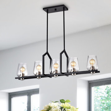 5-Light Black Wrought Iron Linear Kitchen Island Chandelier With Glass Shade