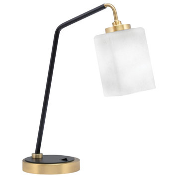 1-Light Desk Lamp, Matte Black/New Age Brass, 4" Square White Muslin Glass
