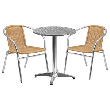 23.5" Round Aluminum Indoor Outdoor Table With 2 Beige Rattan Chairs