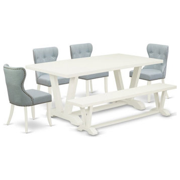 East West Furniture V-Style 6-piece Wood Dining Set with Cushion Chairs in White