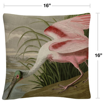 John James Audubon 'Roseate Spoonbill' 16"x16" Decorative Throw Pillow