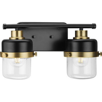 Beckner 2-Light Matte Black Clear Glass Bath Light With Vintage Brass Accents