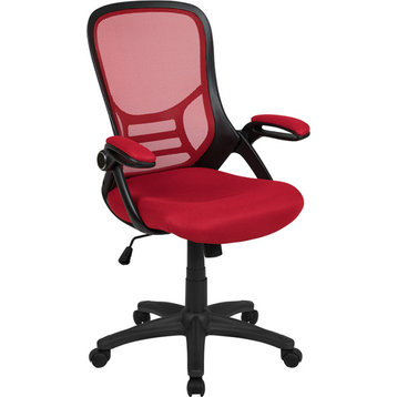 High Back Mesh Swivel Office Chair With Flip-up Arms, Red
