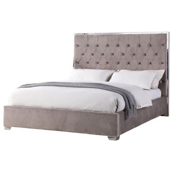 Best Master Kressa Velour Fabric Tufted Queen Platform Bed in Light Gray