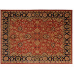 Bareens Designer Rugs - Shabby Chic Ziegler Hillary Rust Blue Hand-Knotted Wool Rug - 7'9'' x 10'0'' - Enhance the ambiance of your home with this magnificent Persian-influenced Turkish hand-knotted rug made by skilled artisans capable of creating the most exceptional vegetable dyes and hand-spun wool. This exquisite handmade rug is a one-of-a-kind Peshawar Kafkaz, otherwise identified as Chobi, Chobi Peshawar, Oushak, or Ziegler rug. These handmade rugs are crafted in Pakistan utilizing superior-quality wool imported from Australia, New Zealand, and Korea in two types of weaves: the Persian weave and the Mori weave. This rug is meticulously crafted by hand using the finest natural vegetable dyes extracted from local plants. The artisans use a blend of hand-spun local and fine merino wool, resulting in a rug with a compelling texture, higher lanolin content, and longer staple. The artisans occasionally incorporate natural or artificial silk into the pile to enhance specific motifs. The finished product is an awe-inspiring execution of flawless design and an understated palette that exudes elegance.