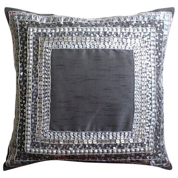 3D Metallic Sequins Gray Art Silk Throw Pillow Covers 14"x14", Treasure Trove