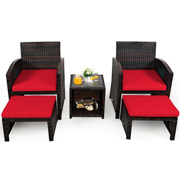 Costway 5PCS Patio Rattan Wicker Furniture Set Sofa Ottoman W/ Cushions Red