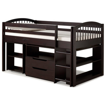 Addison Wood Junior Loft Bed, Storage Drawers, Bookshelf, and Desk, Espresso