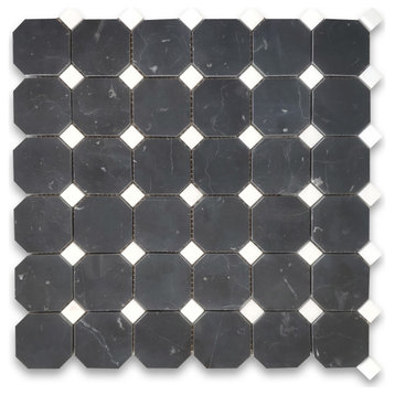 Nero Marquina Black Marble 2" Octagon Mosaic Tile Thassos White Honed, 1 sheet