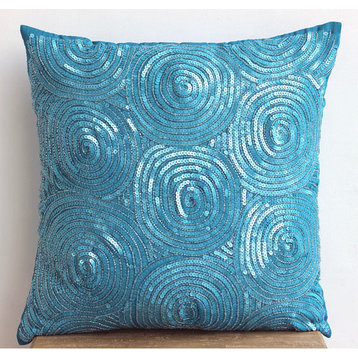 Spiral Blue Sequins 18"x18" Art Silk Blue Throw Pillows Cover, Aqua Touch