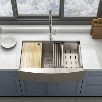 Sinber Single Bowl Kitchen Sink with 304 Stainless Steel Satin Finish, 33"x21" Workstation, Apron/Farmhouse