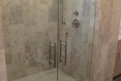 Inspiration for a transitional gray tile and stone tile marble floor bathroom remodel in Atlanta