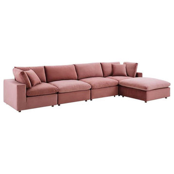Modway Commix 5-Piece Overstuffed Velvet Sectional Sofa in Dusty Rose Pink