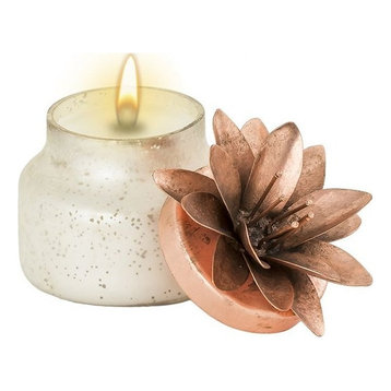 Single Wick Wax Candle Floral Lid made of Glass Container/Metal Lid/Soy Wax