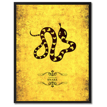 Snake Chinese Zodiac Yellow Print on Canvas with Picture Frame, 13"x17"