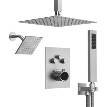 Dual Heads 12" Rain High Pressure Shower System w/ 3 Way Thermostatic Faucet, Brushed Nickel