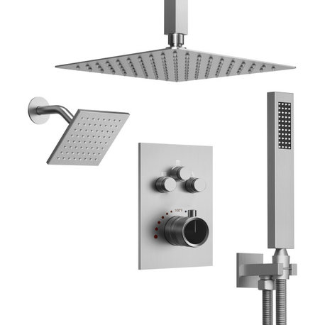 Dual Heads 12" Rain High Pressure Shower System w/ 3 Way Thermostatic Faucet, Ceiling,brushed Nickel