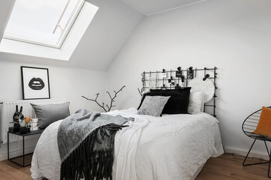 Inspiration for a large scandinavian guest bedroom in Stockholm with white walls, light hardwood floors and no fireplace.