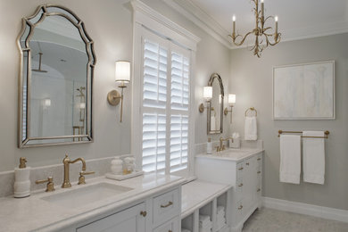 Bathroom - large traditional master porcelain tile, multicolored floor, double-sink and tray ceiling bathroom idea in Other with recessed-panel cabinets, white cabinets, gray walls, an integrated sink, quartz countertops, multicolored countertops and a built-in vanity