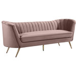 Meridian Furniture - Margo Velvet Upholstered Set, Pink, Sofa - Lean back and lounge in luxurious style on this stunning Margo pink velvet sofa by Meridian Furniture. This contemporary sofa features plush velvet upholstery that is both classy and sumptuous against your skin, a single seat cushion and rounded arms that curve into a low, rounded back, creating a perfect, modern piece for your home. Gold stainless steel legs support this sofa and provide stunning contrast to the sofa's plush, pink fabric.