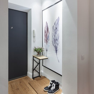 Immagine di una piccola porta d'ingresso contemporanea con pareti bianche, pavimento in laminato, una porta singola e una porta nera