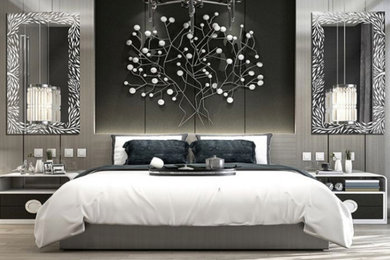Large trendy beige floor bedroom photo in Phoenix with gray walls