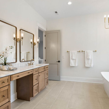 Spa-Like Modern Farmhouse Master Bath: Double Marble Vanity, Freestanding Tub, G