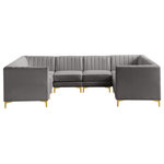 Meridian Furniture - Alina Velvet Modular U-Shaped Sectional, Grey, 8-Piece: 4 Armless Chair, 4 Corner Chair - Bring modern beauty to your space with the addition of this Alina Velvet Modular sectional. This beautiful sectional features deep channel tufting to ramp up its visual interest and add to its resilient demeanor. Its soft grey velvet upholstery blends nicely with existing elements in your room and is sleek to the touch, making this seat a super comfortable one. Part of the modular Alina collection, this sectional has a latch that attaches it to other pieces to create your custom seating arrangement.