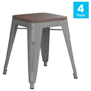 Kai Commercial Grade 18" Barstool with Wooden Seat, Stackable, Set of 4, Silver
