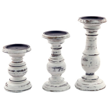 Turned Design Wooden Candle Holder With Distressed Details, Set Of 3, White