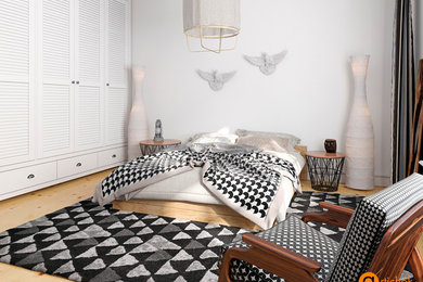 他の地域にある中くらいな北欧スタイルのおしゃれな主寝室 (白い壁、ラミネートの床、暖炉なし、茶色い床)