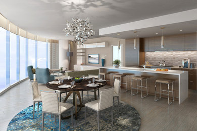 Example of a large transitional gray floor and laminate floor kitchen/dining room combo design in San Diego with beige walls and no fireplace
