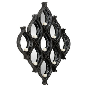 Eclectic Large Black Diamond Mesh Metal Wall Sconce Candle Holder with Mirrors