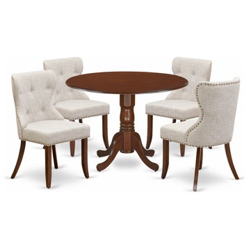 A Dining Set Of 4 Kitchen Chairs, Two 9" Drop Leaf Round Table, Mahogany Finish