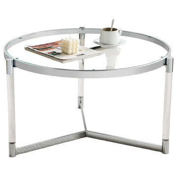 Elegant Coffee Table, Chrome Metal Frame With Acrylic Support & Round Glass Top